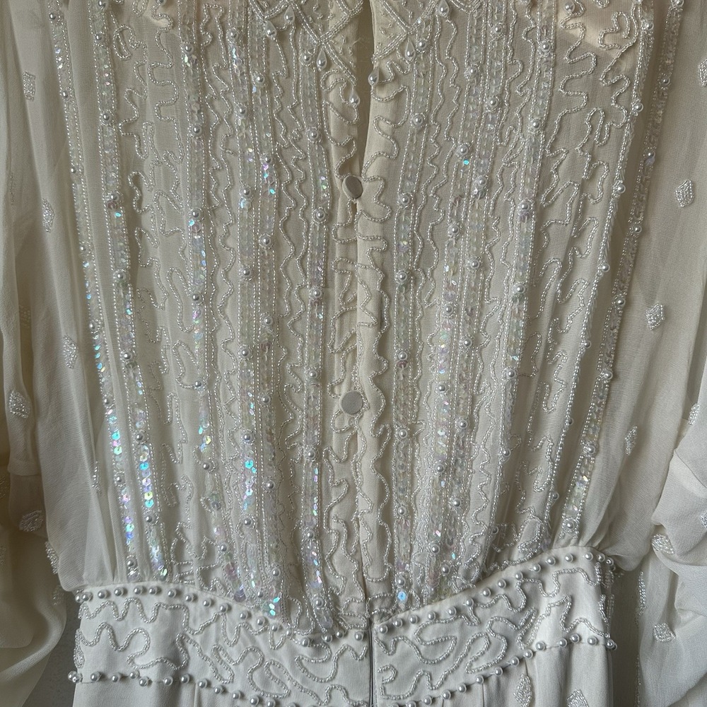 1980s Edwardian Style Heavily Beaded Lillie Ruben Silk Wedding Formal Gown Small - Picture 5 of 16
